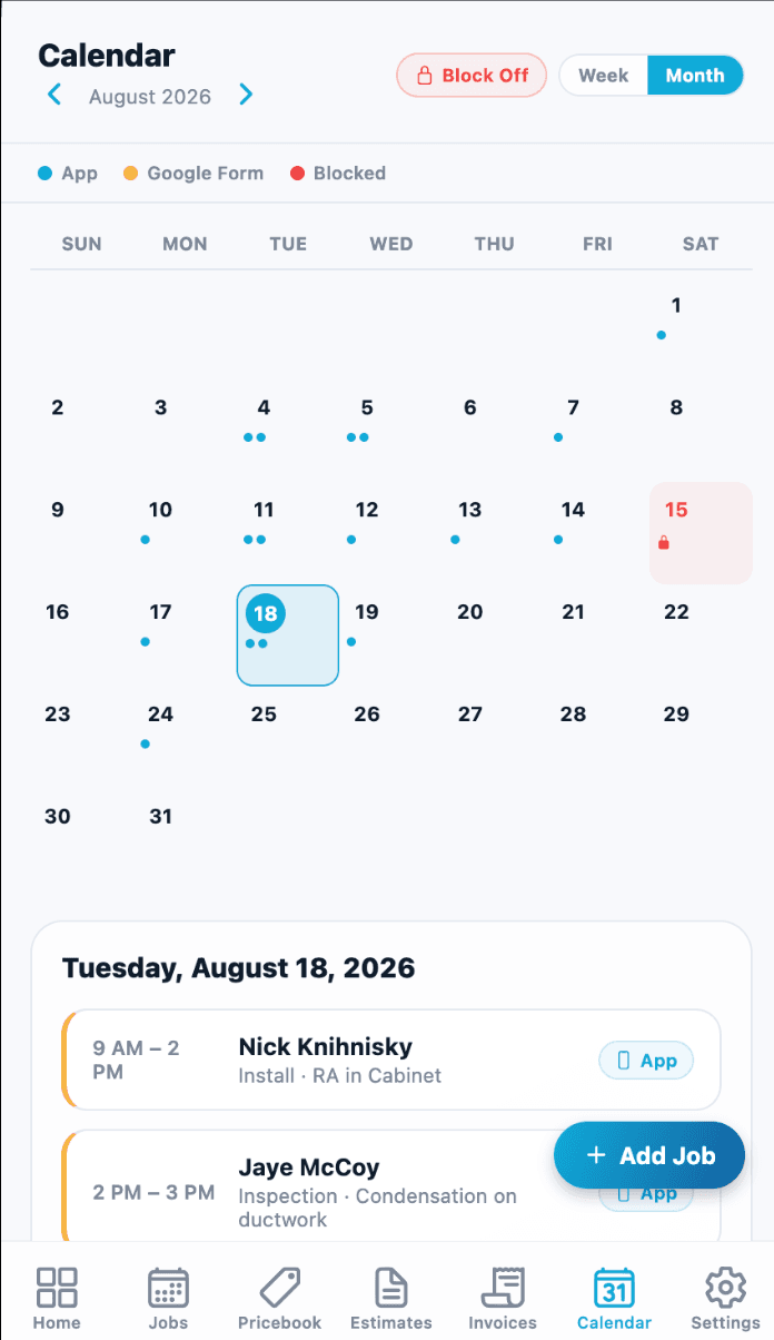 trAIde Tools calendar view showing scheduled jobs by day