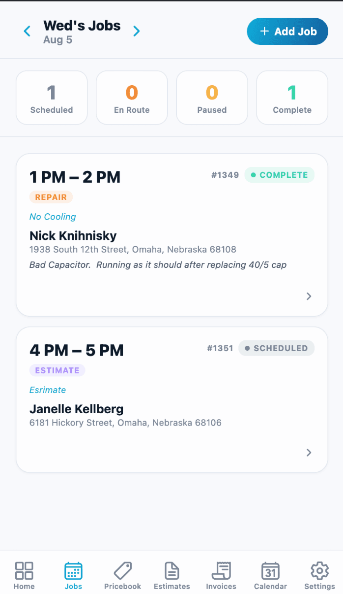 trAIde Tools job list showing status, customer, and address for the day
