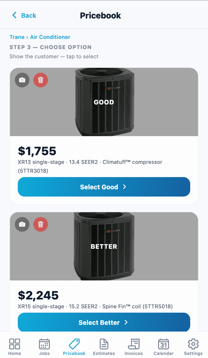 trAIde Tools pricebook showing good/better/best pricing options for a customer